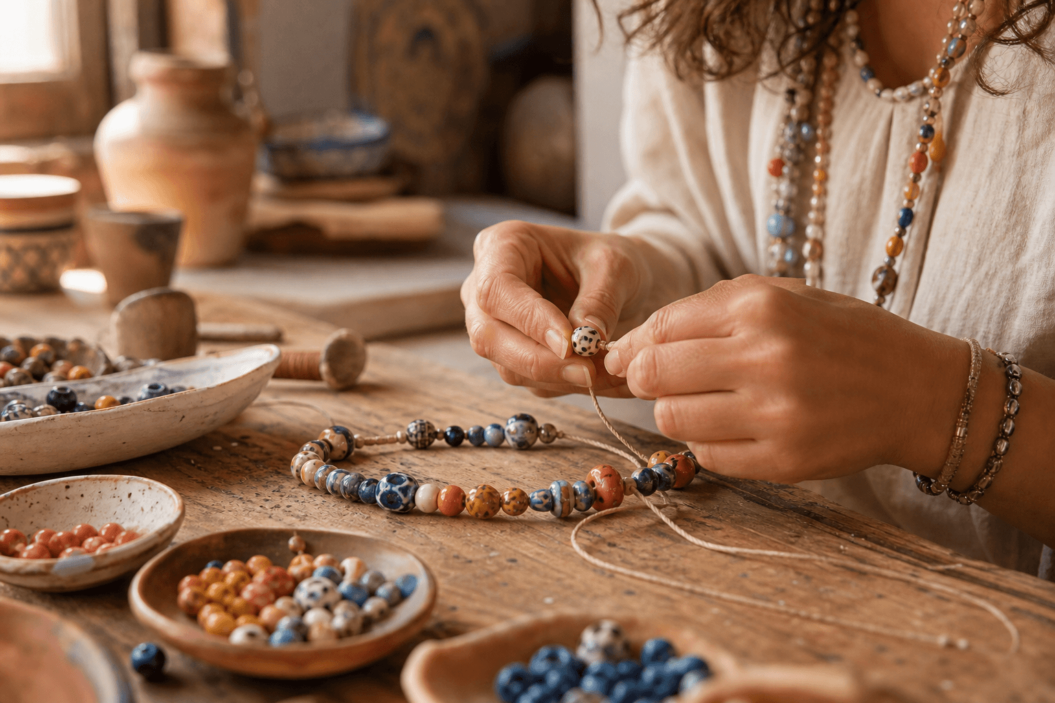 Mains en train de monter un bracelet de perles sur mesure